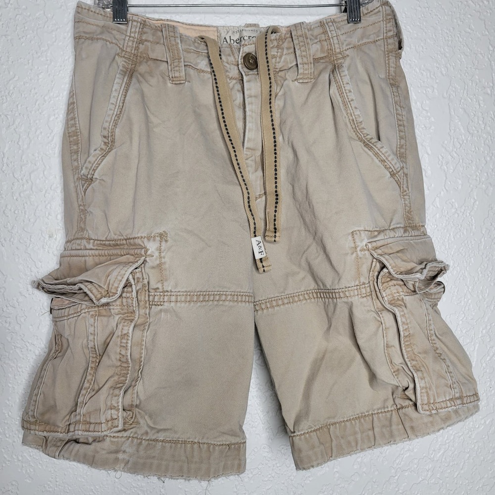 Abercrombie & Fitch Mens Light Khaki Beige Distressed Cargo Shorts Y2K✨️28